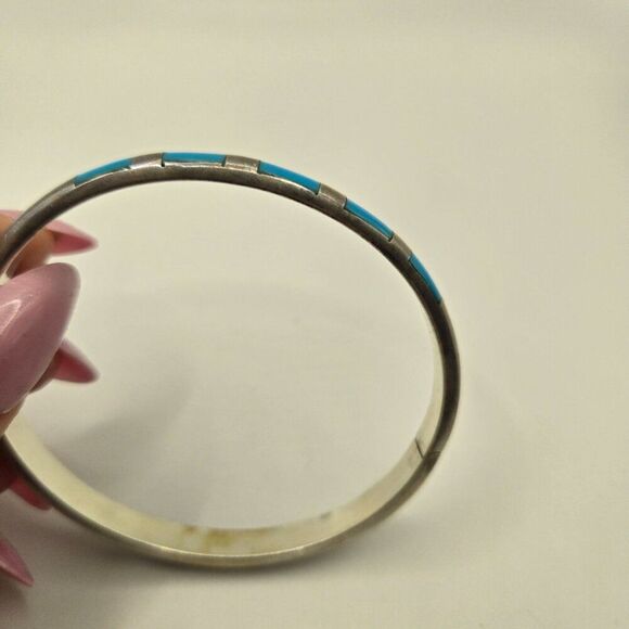 Vintage Sterling Silver 925 Turquoise Inlay Bangle Bracelet - Picture 4 of 5
